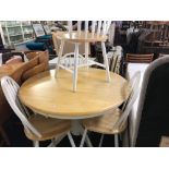 PINE PEDESTAL KITCHEN TABLE WITH 4 MATCHING CHAIRS PAINTED WHITE