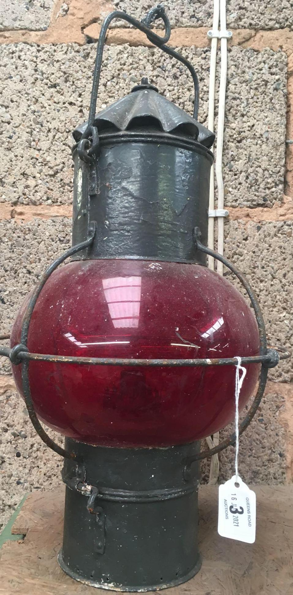 VINTAGE MARITIME LANTERN WITH RED GLASS GLOBE