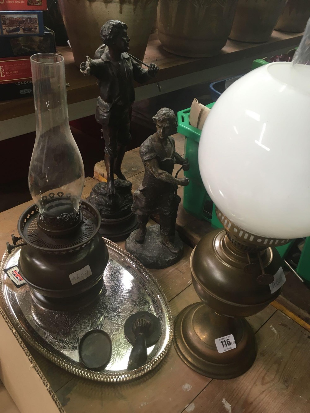 2 BRASS OIL LAMPS WITH CHIMNEY'S - ONE WITH SHADE ETC