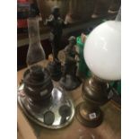 2 BRASS OIL LAMPS WITH CHIMNEY'S - ONE WITH SHADE ETC