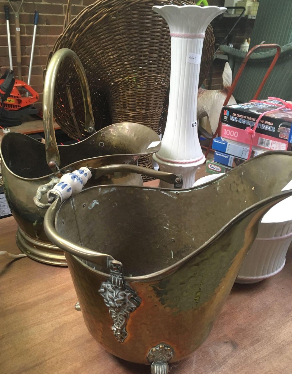 2 HELMET SHAPED BRASS COAL SCUTTLES & MODERN CHINA JARDINIERE ON STAND - Image 2 of 2