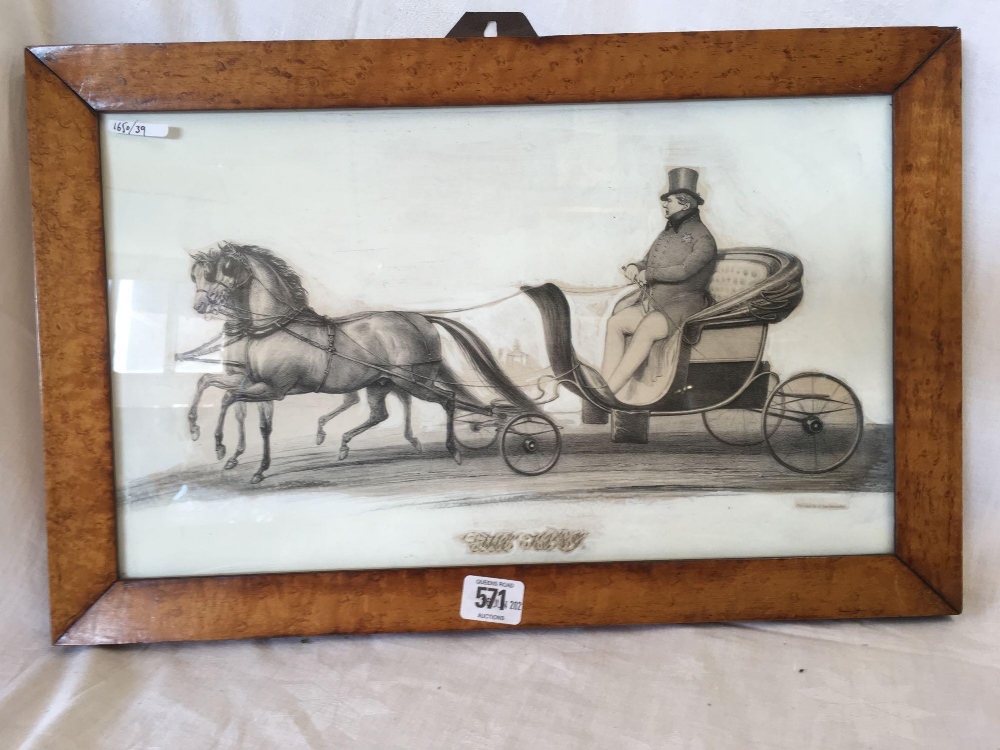 ANTIQUE PRINT OF A GEORGIAN GENTLEMAN DRIVING A CARRIAGE AND PAIR IN AN ANTIQUE BIRD'S EYE MAPLE