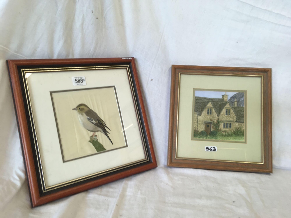 SILK WORK PICTURE OF A BIRD ON A BRANCH TOGETHER WITH EMBROIDERED PICTURE OF COTSWOLD COTTAGES