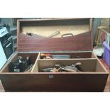 TEAK STORAGE CHEST WITH VARIOUS SAWS, DRILLS ETC