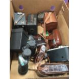 CARTON OF VINTAGE BOXED CAMERAS, BINOCULARS ETC