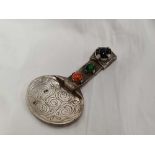 HEAVY WHITE METAL CELTIC ARTS & CRAFTS CADDY SPOON WITH 3 CABACHON GEMSTONES