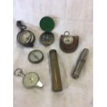 TUB OF VARIOUS COMPASS'S, WHITE METAL TRAVELLING MANICURE SET & BRASS OIL BOTTLE