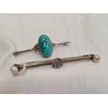 WHITE METAL PEARL BAR BROOCH & TURQUOISE MATRIX BAR BROOCH