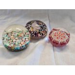 3 MILLIEFIORI GLASS PAPER WEIGHT. 1 X MURANO & 1 WITH A CLAY DOG