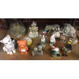 SHELF OF GARDEN ORNAMENTS, GNOMES ETC