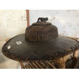 LEATHER & WOODEN WICKER HAT