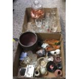 2 CARTONS OF VINTAGE POTTERY, GLASSWARE, CLOGS ETC