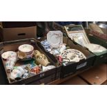 3 CARTONS OF MIXED CHINA, GLASSWARE INCL: 3 PICTURES,CAST IRON PAN,WINSOR PLATES,BRASS INDIAN