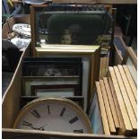 LARGE CARTON OF VARIOUS FRAMED PRINTS, QUARTZ CLOCK & MIRROR