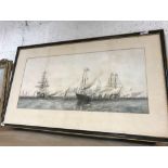 LARGE ANTIQUE LITHOGRAPH OF A VAST ARMADA OF SAILING GUN SHIPS, MOORED IN LINE OFF THE COAST