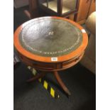 REPRODUCTION LEATHER TOP CIRCULAR WORK TABLE WITH DRAWERS ON BALL CLAW FEET