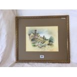 CHRISTOPHER HUGHES, WATERCOLOUR OF CHIPPING CAMDEN WITH FIGURE DRIVING SHEEP, SIGNED. GALLERY