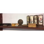 SHELF OF SNUFF BOXES, MINIATURE FOLDING SCREEN ETC