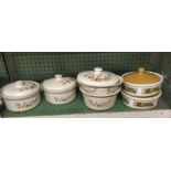 SHELF OF 6 VARIOUS POTTERY TERRINE'S WITH LIDS