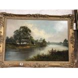 EXTENSIVE RIVER LANDSCAPE, OIL ON BOARD IN GOOD GILT FRAME 20 X 30