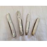 4 METAL BLADED FRUIT KNIVES WITH M.O.P SCALED