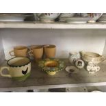 SHELF OF CHINA WARE CONSISTING OF COFFEE CUPS ETC & SOME CRESTED WARE