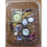 TUB OF VARIOUS POCKET WATCHES, 2 WITH SILVER CASES, VARIOUS LADIES WRIST WATCHES & A SMITH'S STOP