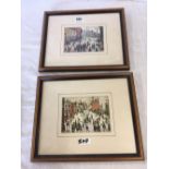 MATCHING PAIR OF L S LOWRY COLOUR PRINTS; ONE A VILLAGE SQUARE, THE OTHER A PROCESSION WITH LABELS