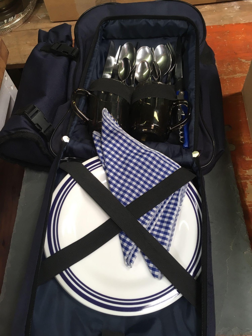 BLUE CANVAS BACKPACK PICNIC HAMPER WITH PART CONTENTS & A SLATE PICTURE FRAME - Image 2 of 2