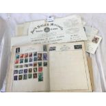SMALL STAMP ALBUM OF WORLD STAMPS, PACKET WITH VARIOUS POST CARDS, ENVELOPES, INDENTURES & INSURANCE