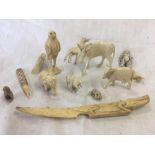 CARTON OF BONE ITEMS INCL; ANIMALS, BIRDS, LETTER OPENER & ARTICULATED PUPPET OF SMALL SIZE