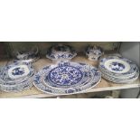SHELF OF VARIOUS BLUE & WHITE DINNERWARE INCL; LARGE MEAT PLATER