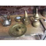 2 MIDDLE EASTERN BRASS COFFEE POTS, TRAY, INCENSE BURNER ETC