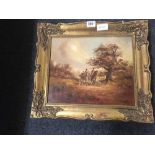 GILT FRAMED HUNTING SCENE BY H TAYLOR & A GILT FRAME HORSE SCENE