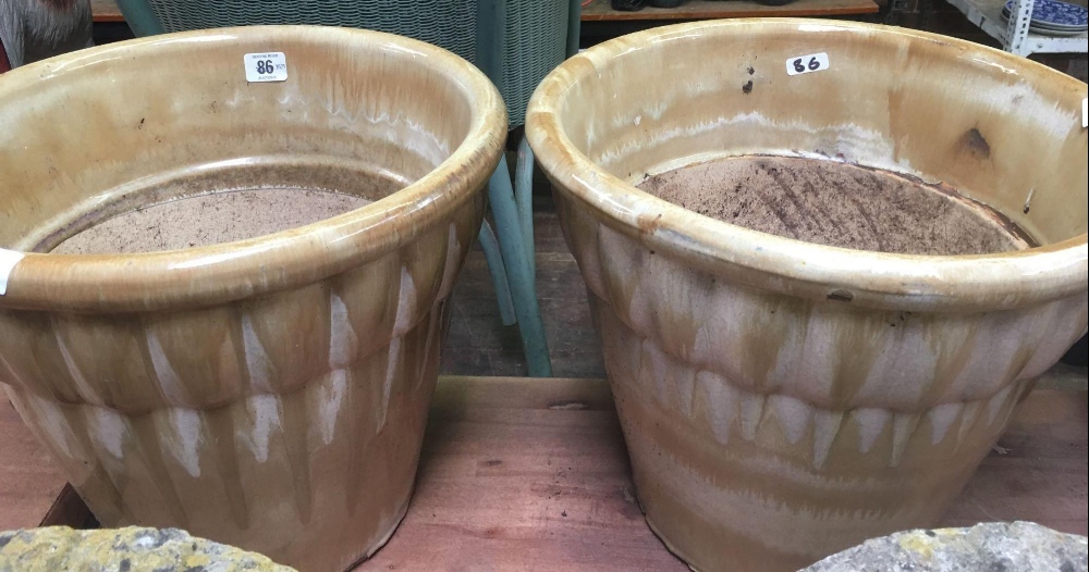 PAIR OF GLAZED POTTERY PLANTERS - 12'' HIGH