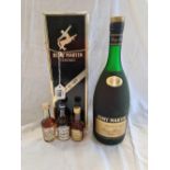 3 BRANDY MINIATURES & 1 US QUART OR REMY MARTIN COGNAC