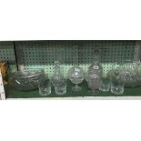 SHELF OF GLASSWARE CONSISTING OF 2 DECANTERS & STOPPERS & FRUIT BOWLS ETC