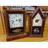 2 WOODEN MANTEL CLOCKS, ONE RECTANGULAR, THE OTHER WITH POINTED ARC A/F H