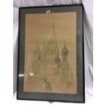 2 ORIGINAL DRAWINGS, ONE OF ST BASIL'S CATHEDRAL RED SQUARE, MOSCOW AND ANOTHER OF A SIMILAR