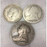 VICTORIAN SILVER SHILLING, ANOTHER 1917 & A MEDAL