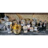 SHELF OF PLATED TROPHY'S & TANKARDS