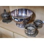 SHELF OF PLATEDWARE INCL; PUNCH BOWL, TEA POT, WINE COASTER