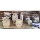 SHELF OF VARIOUS TEA POTS, VASES, JUGS ETC