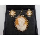 1950's BOXED CAMEO SUIT OF BROOCHES & EAR STUDS 13.5g, 9ct GOLD