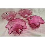 4 CRANBERRY GLASSES LEAF DISHES, 2 ON PEDESTALS & 2 ON FEET