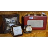 VINTAGE ROBERTS RADIO A/F, 2 TRAVEL ALARM CLOCKS & 1 MANTLE CLOCK