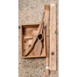 BOX WITH PICK AXE HEAD, MATTOCK, WOOD HANDLE & WOODEN SPIRIT LEVEL