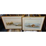 PAIR OF WATERCOLOURS OF FIGURES FISHING AT THE COAST, BOTH INDISTINCTLY SIGNED