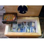 WOODEN MUSICAL BOX WITH PHOTOGRAPHIC MEMORY CARDS, MECHANISM A/F