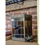 BRASS & STAINED GLASS PANELLED LANTERN WITH GLASS RESIVOIR